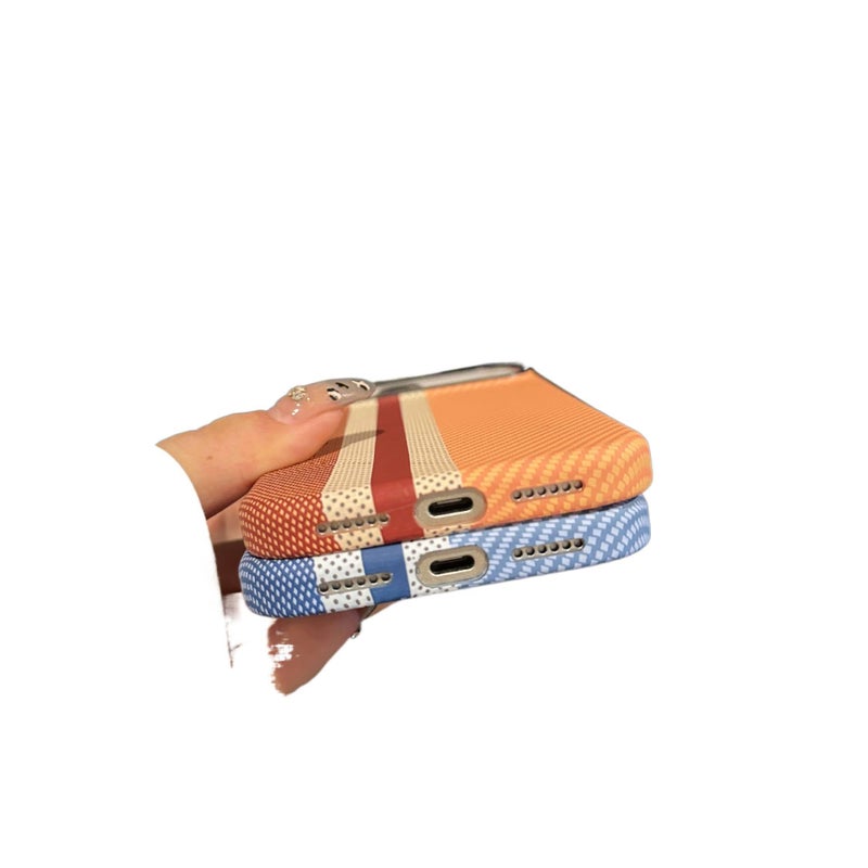 غطاء MagSafe بPC لـ iPhone 16 / 16 Plus / 16 Pro / 16 Pro Max باللون Brown Yellow Pattern مغناطيسي مع نمط خياطة ثلاثي الألوان ونسيج كيفلار مع مقاوم للصدمات مع مغناطيس قوي للطاولة - Image 4
