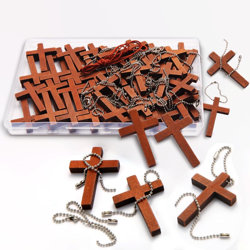 Gtudkae 1 Box 70 Pack Wooden Pocket Cross Charms And 70 Chains  Pure Natural Wooden Crosses Pendants For Church Praying Easter  Christian Gifts  Crafts For Diy Jewelry  Keychains - Image 1