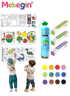 MEBEGIN 3PCS Drawing Rolls Kit with 1 Box of 12 Color Pens, Coloring Paper Rolls with 3 Different Themed, Creative Coloring Poster, DIY Painting Roll, 3m Sticky Painting Color Filling Paper, Early Educational Toys for Kids  - Image 1
