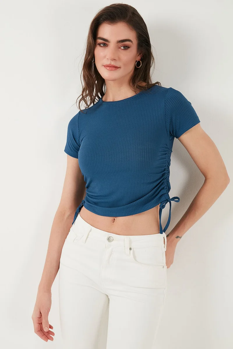 Lela Side Gathered Short Sleeve Crop Blouse Women's Blouse 5864010