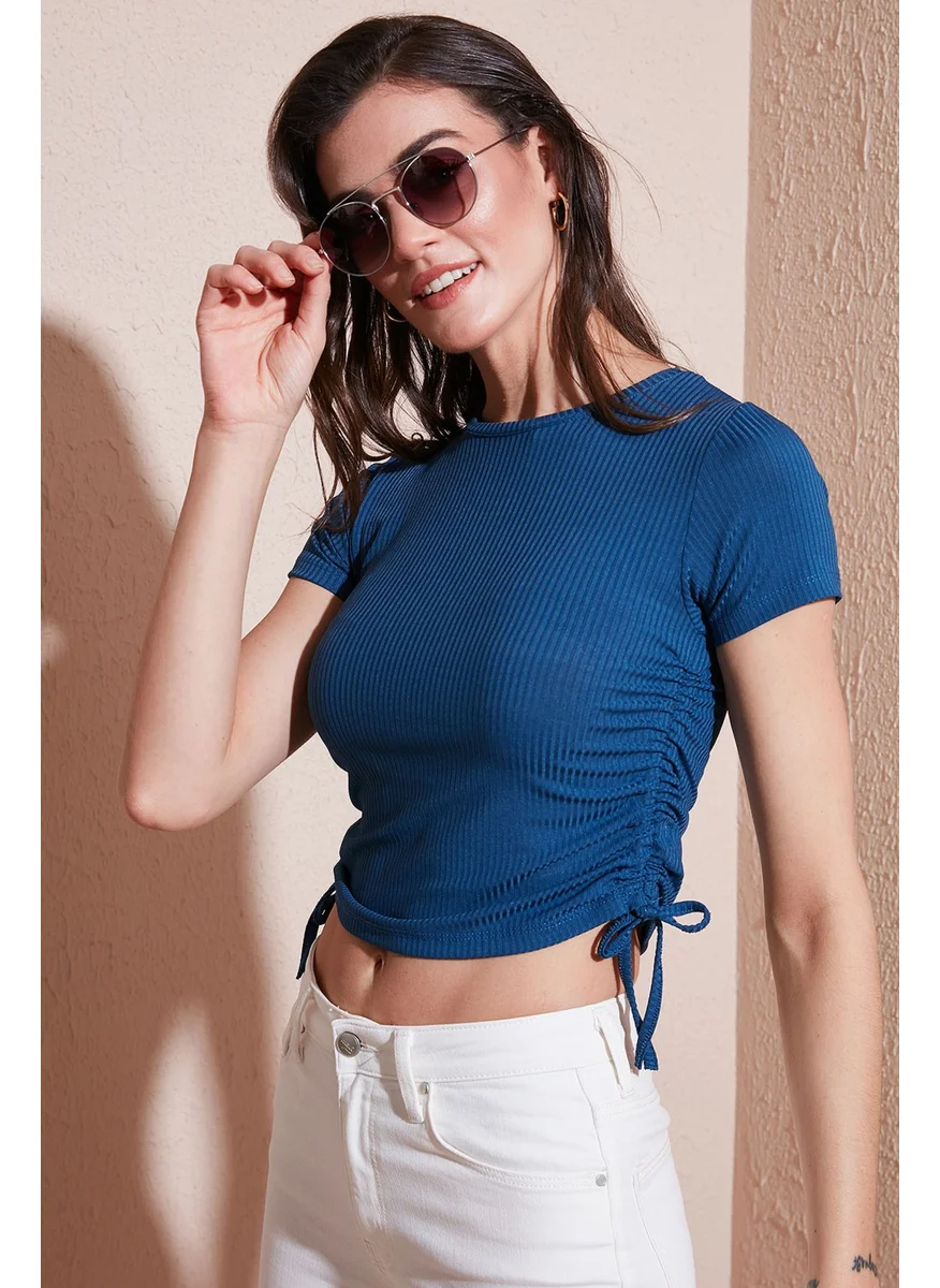 Lela Side Gathered Short Sleeve Crop Blouse Women's Blouse 5864010