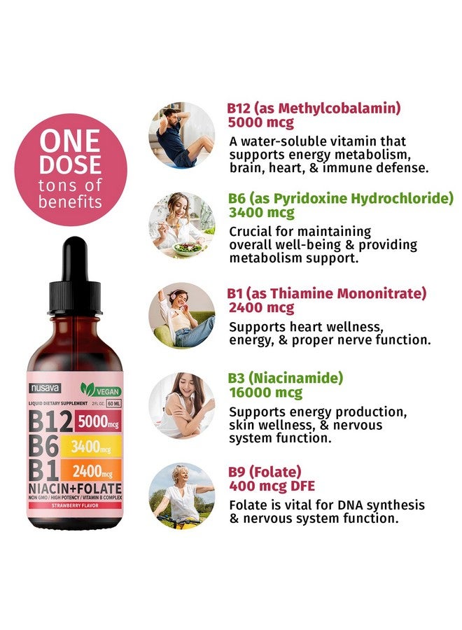 nusava (2 Pack) Vitamin B12 and B6 Liquid Drops, B12 Sublingual Vitamin B Complex - B 12 Vitamin 5000mcg - B12 Methylcobalamin for Energy, Brain, and Heart Support with 27,200 mcg, Strawberry, 80 Servings - Image 2