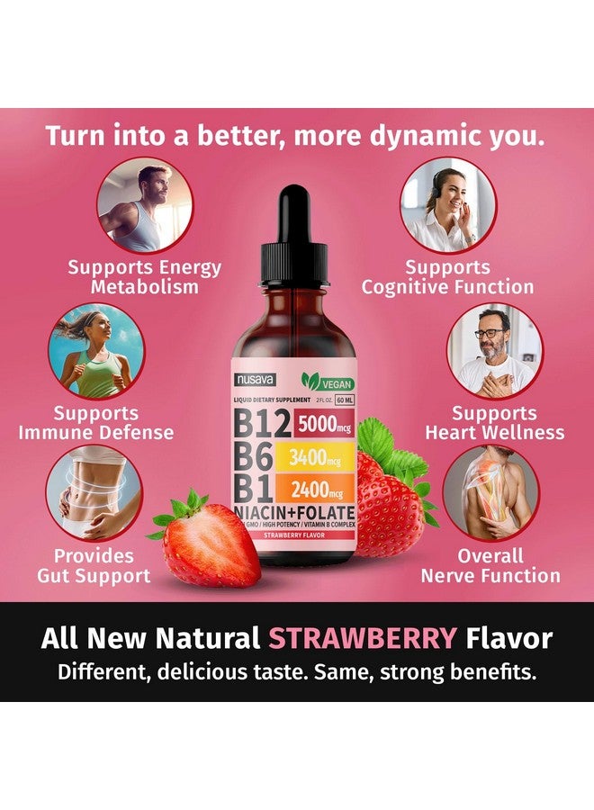 nusava (2 Pack) Vitamin B12 and B6 Liquid Drops, B12 Sublingual Vitamin B Complex - B 12 Vitamin 5000mcg - B12 Methylcobalamin for Energy, Brain, and Heart Support with 27,200 mcg, Strawberry, 80 Servings - Image 1