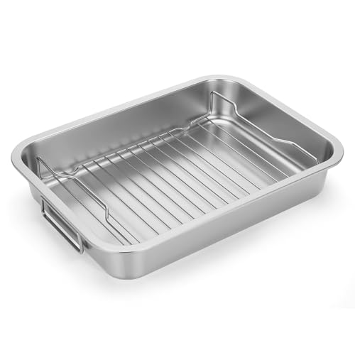 Tifanso Stainless Steel Roasting Pan Heavy Duty Turkey Roasting Baking Broiler Oven Pan with Rack and Handle for Oven High Sided Easy to Clean Induction Roast Tray for Chicken Vegetable Lasagna - Image 1