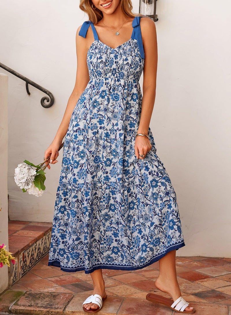 Dokotoo Maxi Dress for Women Spring Casual Tie Strap Floral 2026 Sundress Flared Boho Flowy Wedding Guest Long Dresses,Blue-Floral X-Large - Image 2