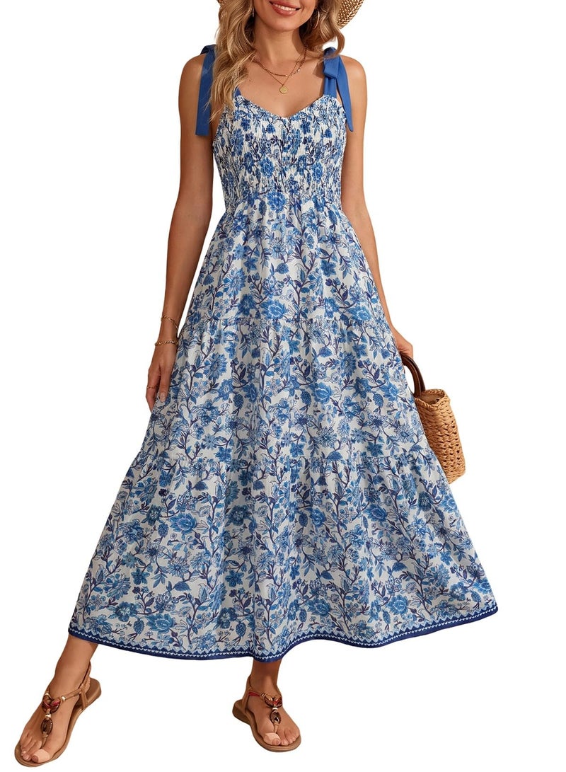 Dokotoo Maxi Dress for Women Spring Casual Tie Strap Floral 2026 Sundress Flared Boho Flowy Wedding Guest Long Dresses,Blue-Floral X-Large - Image 1