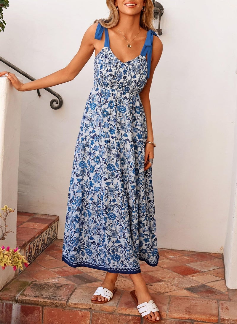 Dokotoo Maxi Dress for Women Spring Casual Tie Strap Floral 2026 Sundress Flared Boho Flowy Wedding Guest Long Dresses,Blue-Floral X-Large - Image 4