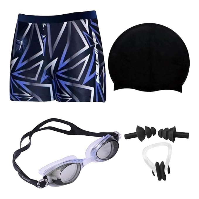 Wetex Premium Boy Swimming Kit with 1 Shorts Costume , 1 Anti Fog Goggles, 1 Silicone Cap, 1 Nose Clip, 2 Ear Plugs (Black, 6-7 Years) - Image 1