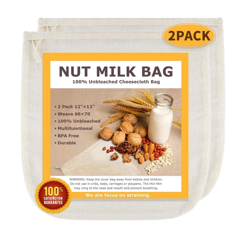 Nut Milk Bags All Natural Cheesecloth Bags 12x12 2 Pack 100 Unbleached Cotton Cloth Bags for TeaYogurtJuiceWineSoupHerbs Durable Washable Reusable Almond Milk StrainerWeave 66x70