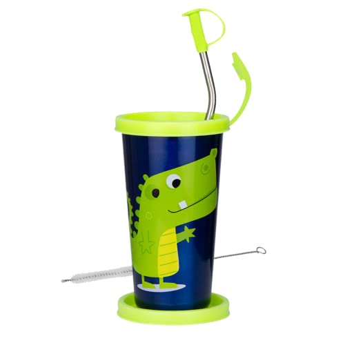 PDDFALCON Stainless Steel Cartoon Print Glass/Tumbler With Steel Straw,Cleaning Brush & Food Grade Cap for Straw, 100% Leak Proof, BIS Certified, Jindal Seal & Made In India- 450ml (Green Crockey) - Image 1