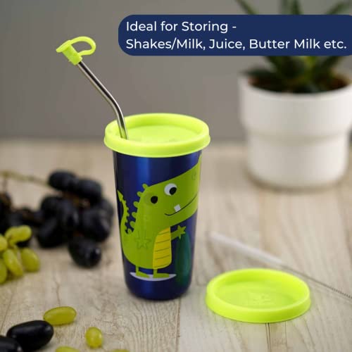 PDDFALCON Stainless Steel Cartoon Print Glass/Tumbler With Steel Straw,Cleaning Brush & Food Grade Cap for Straw, 100% Leak Proof, BIS Certified, Jindal Seal & Made In India- 450ml (Green Crockey) - Image 5