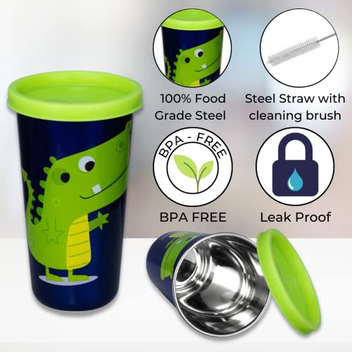 PDDFALCON Stainless Steel Cartoon Print Glass/Tumbler With Steel Straw,Cleaning Brush & Food Grade Cap for Straw, 100% Leak Proof, BIS Certified, Jindal Seal & Made In India- 450ml (Green Crockey) - Image 3