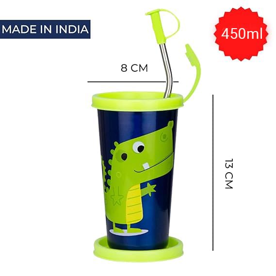 PDDFALCON Stainless Steel Cartoon Print Glass/Tumbler With Steel Straw,Cleaning Brush & Food Grade Cap for Straw, 100% Leak Proof, BIS Certified, Jindal Seal & Made In India- 450ml (Green Crockey) - Image 2