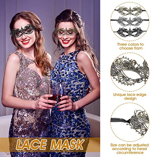 WLLHYF 3 Pieces Adult Masquerade Mask Mysterious Fun Lace Masks for Couples Women Men Lace Headpiece Disguise for Costumes Party Ball Prom Cosplay Photo Shoot (Black/Gold/Silver) - Image 5