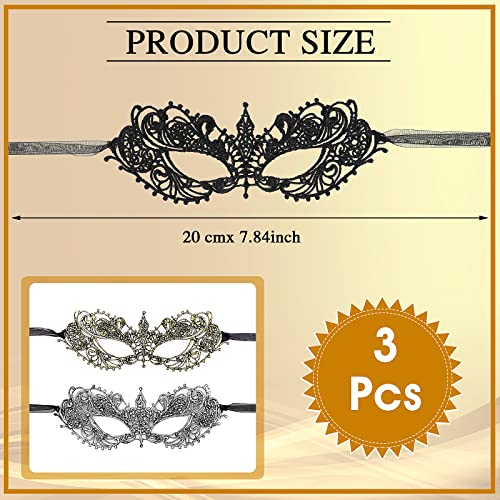 WLLHYF 3 Pieces Adult Masquerade Mask Mysterious Fun Lace Masks for Couples Women Men Lace Headpiece Disguise for Costumes Party Ball Prom Cosplay Photo Shoot (Black/Gold/Silver) - Image 2