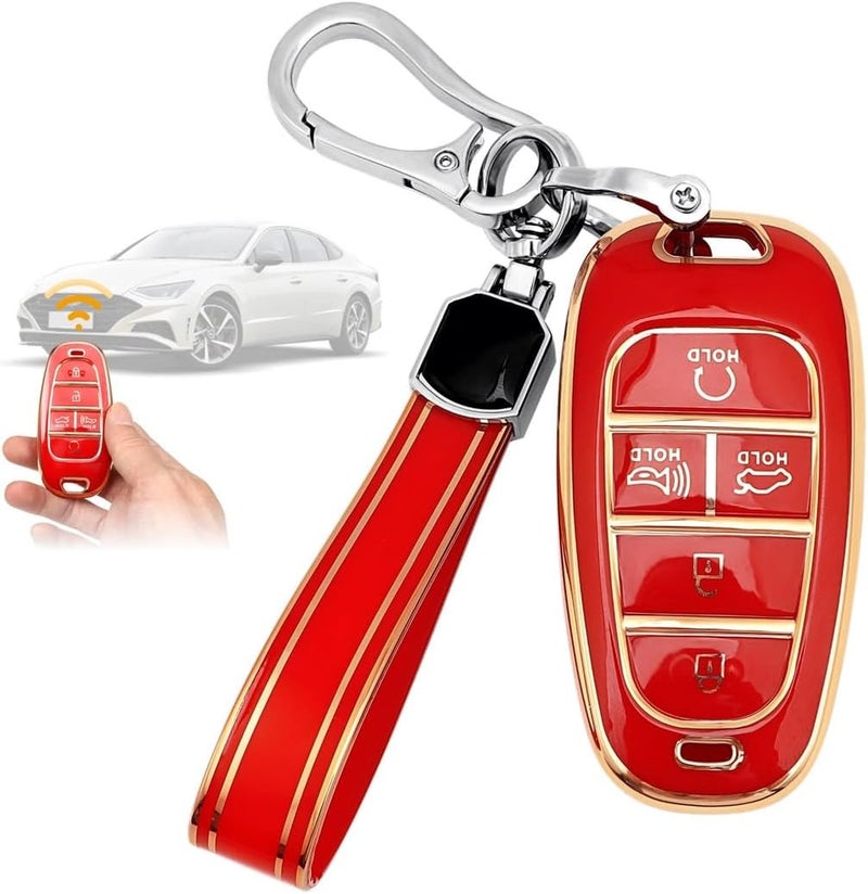 غطاء لمفتاح السيارة العام مع حلقة مفاتيح، مصمم لسيارات Sonata Santa Fe Tucson ذات المفاتيح الذكية ذات 5 أزرار لعامات 2022/2021/2020، مزود بحاجز واقي ناعم من نوع TPU - Image 1