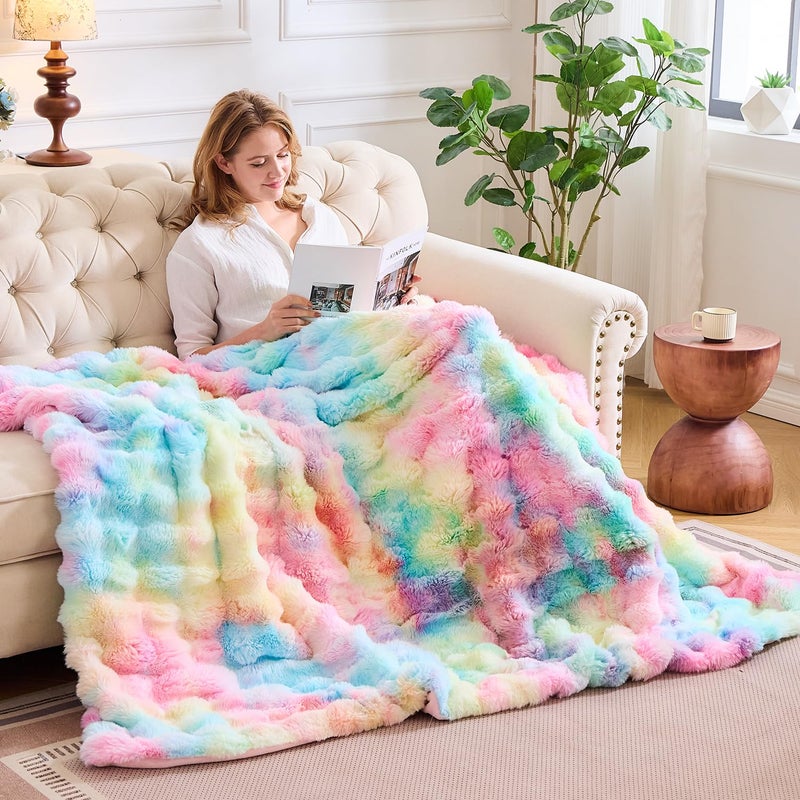 Lotus Karen Lotus Karen Queen Size Faux Fur Blanket Rainbow - Big Bubble Rabbit Fluff Blanket for Bed  Large Fluffy Fuzzy Cozy Blanket  Thick Furry Plush Shaggy Blankets  90x90 Inches  - Image 3