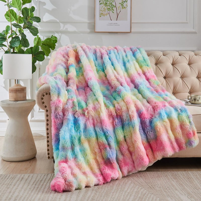 Lotus Karen Lotus Karen Queen Size Faux Fur Blanket Rainbow - Big Bubble Rabbit Fluff Blanket for Bed  Large Fluffy Fuzzy Cozy Blanket  Thick Furry Plush Shaggy Blankets  90x90 Inches  - Image 1