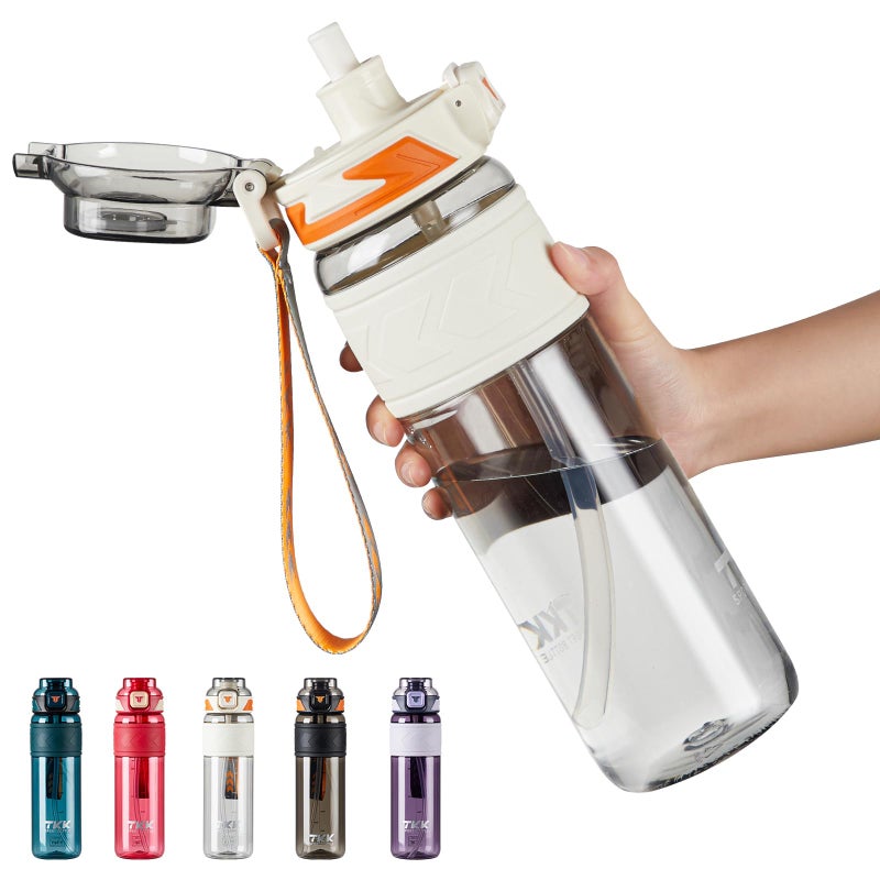 TKK Sports Water Bottles with Removable Straw 34 oz Leak-proof Flip Top Lid BPA Free Tritan Bottles with Strap for School, Fitness, Gym, Outdoor, White - Image 1
