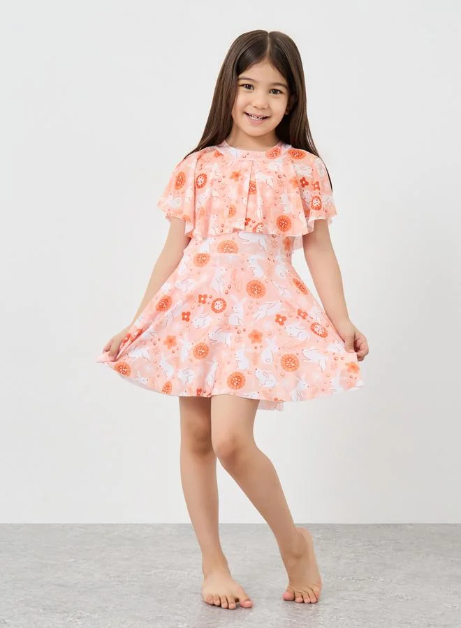 ستايلي Styli Bunny Print Swim Dress and Shorts Set