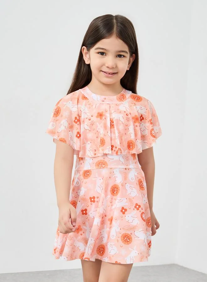 ستايلي Styli Bunny Print Swim Dress and Shorts Set