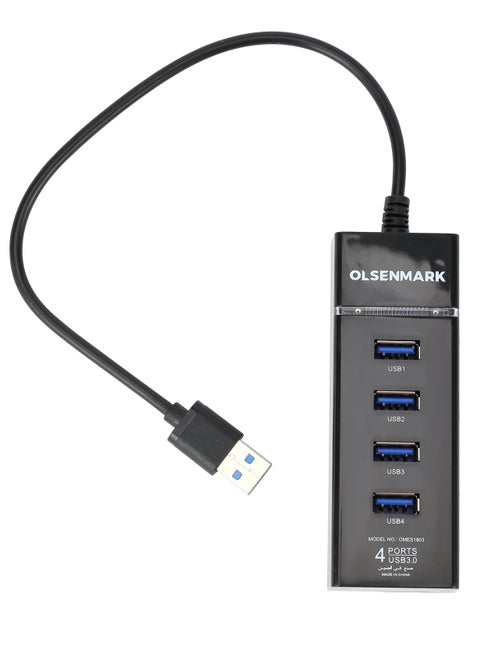 موزع USB 3.0 من Olsenmark - OMES1803، 4 منافذ، سرعة نقل بيانات فائقة، 5 جيجابت في الثانية، مؤشر LED، تصميم نحيف وموفر للمساحة، حماية مدمجة، متوافق مع Windows