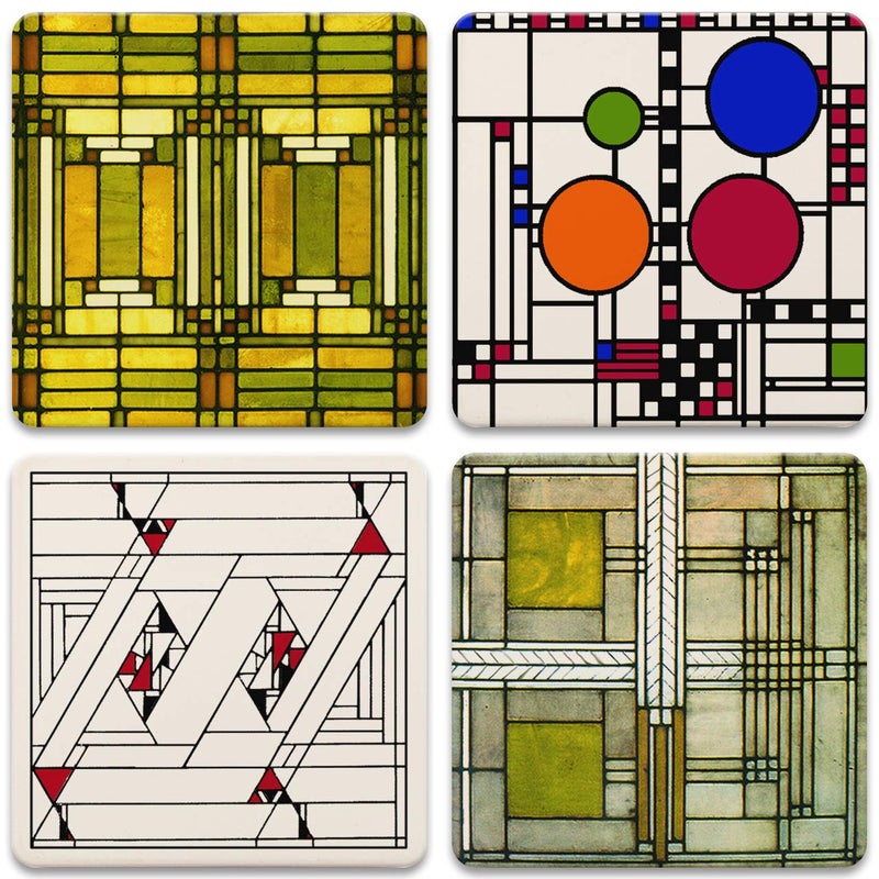 CoasterStone AS305 Absorbent Stone Coasters Frank Lloyd Wright Art Glass Designs MultiColored