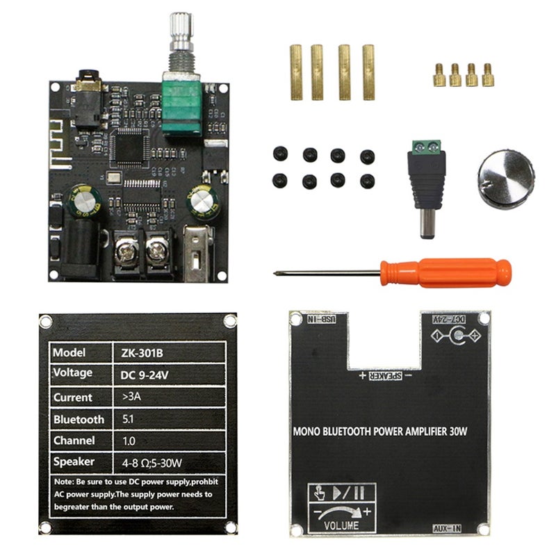 ZK-301B لوحة مضخم صوت محمولة أحادي المسار 30 واط، لوحة مضخم صوت أحادي القناة المتكثف مع بوكس مطابقة لاسلكية حقيقية بتقنية بلوتوث 5.3 - Image 1