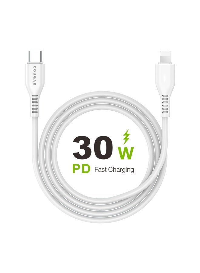 Cougar 30W Type C to Lightning Cable, PD Type C Fast Charging and Data Transfer Cable with Smart Chip, Durable PVC Cable for Compatible iPhone and iPad Devices, 1m, White - Image 1