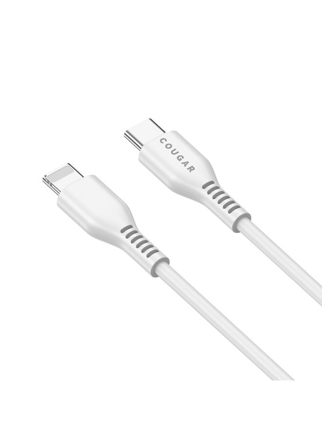 Cougar 30W Type C to Lightning Cable, PD Type C Fast Charging and Data Transfer Cable with Smart Chip, Durable PVC Cable for Compatible iPhone and iPad Devices, 1m, White - Image 2