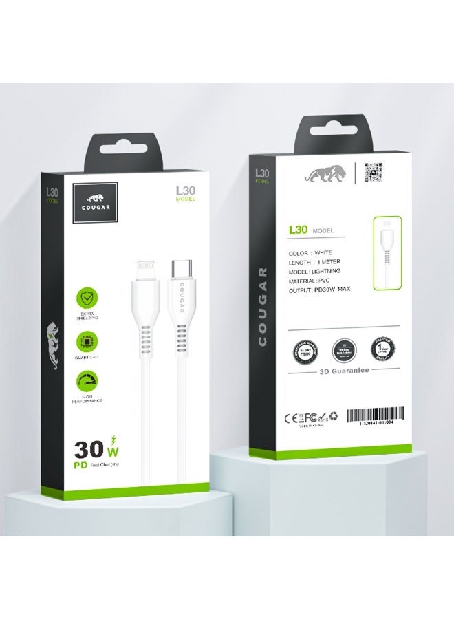 Cougar 30W Type C to Lightning Cable, PD Type C Fast Charging and Data Transfer Cable with Smart Chip, Durable PVC Cable for Compatible iPhone and iPad Devices, 1m, White - Image 5