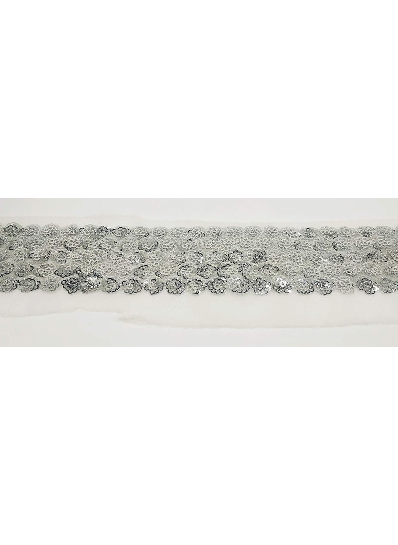 GOELX GOELX Shiny Sequins Pattern Flowery Lace for Designing Sewing Decorations Apparels 8 Meters Width 4 cms (Silver)  - Image 2