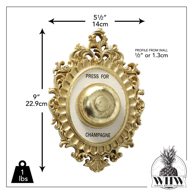WHW Whole House Worlds Grand Hotel Decorative Door Bell, Champagne Theme, Ornamental Plaque, Non-Working Ringer, 9 Tall x 5.5 Inches Wide, Metallic Gold and White Painted Polyresin - Image 4