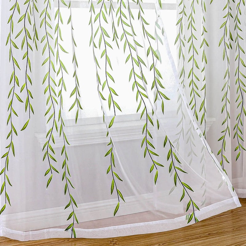 BROSHAN Green Pattern Sheer Curtains White Printed Sheer Bedroom Curtains 2 Panels Vine Leaf Curtain Sheers 78 inches Long Voile Sheer Window Curtains