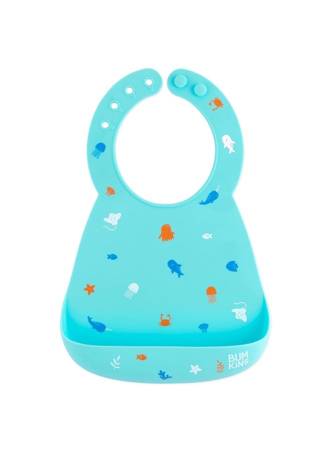 Bumkins Bibs, Silicone Pocket for Babies, Baby Bib for Girl or Boy, for 6-24 Months Up to Toddler, Essential Must Have for Eating, Feeding, Baby Led Weaning Supplies, Mess Saving, Ocean Life Blue - Image 1