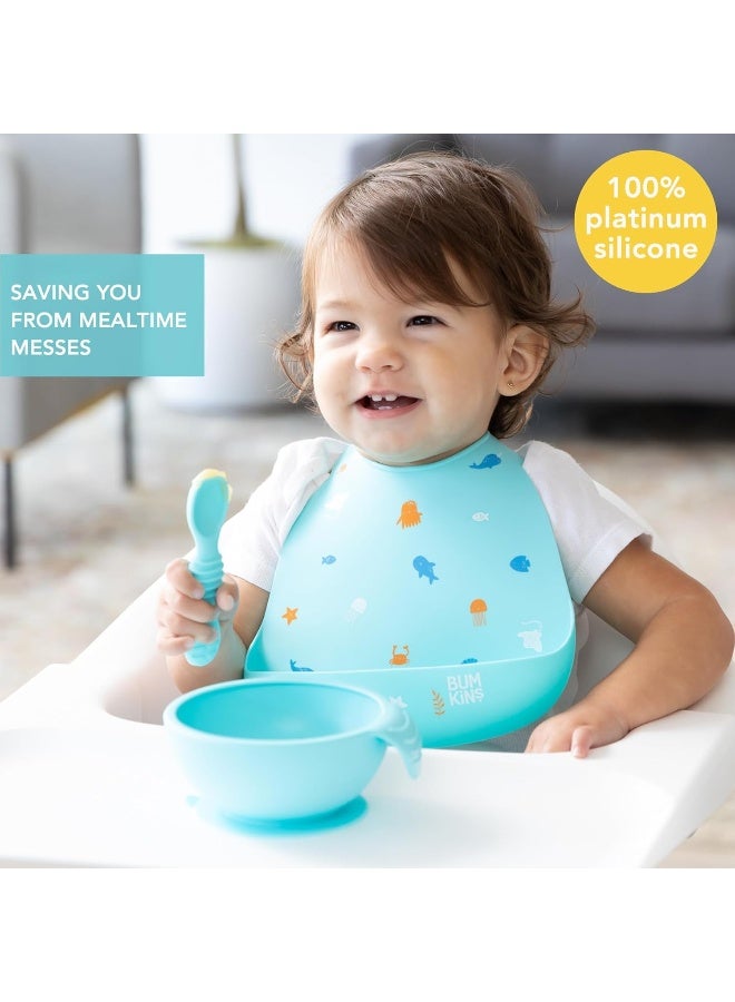 Bumkins Bibs, Silicone Pocket for Babies, Baby Bib for Girl or Boy, for 6-24 Months Up to Toddler, Essential Must Have for Eating, Feeding, Baby Led Weaning Supplies, Mess Saving, Ocean Life Blue - Image 2