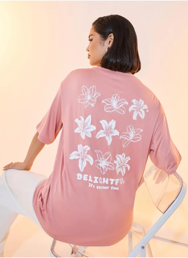 تايك تو Oversized Floral Graphic Print Round Neck T-Shirt