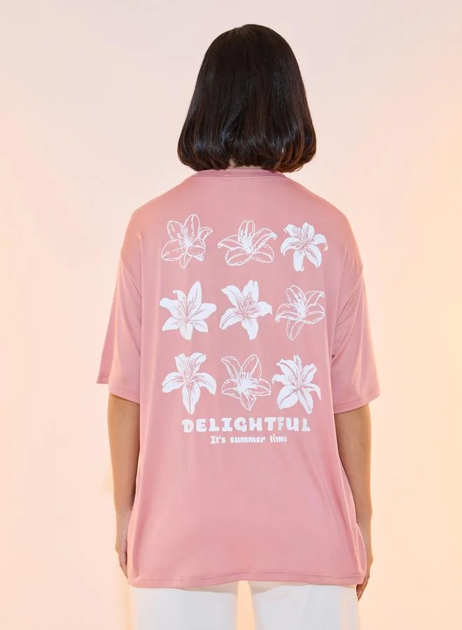 تايك تو Oversized Floral Graphic Print Round Neck T-Shirt