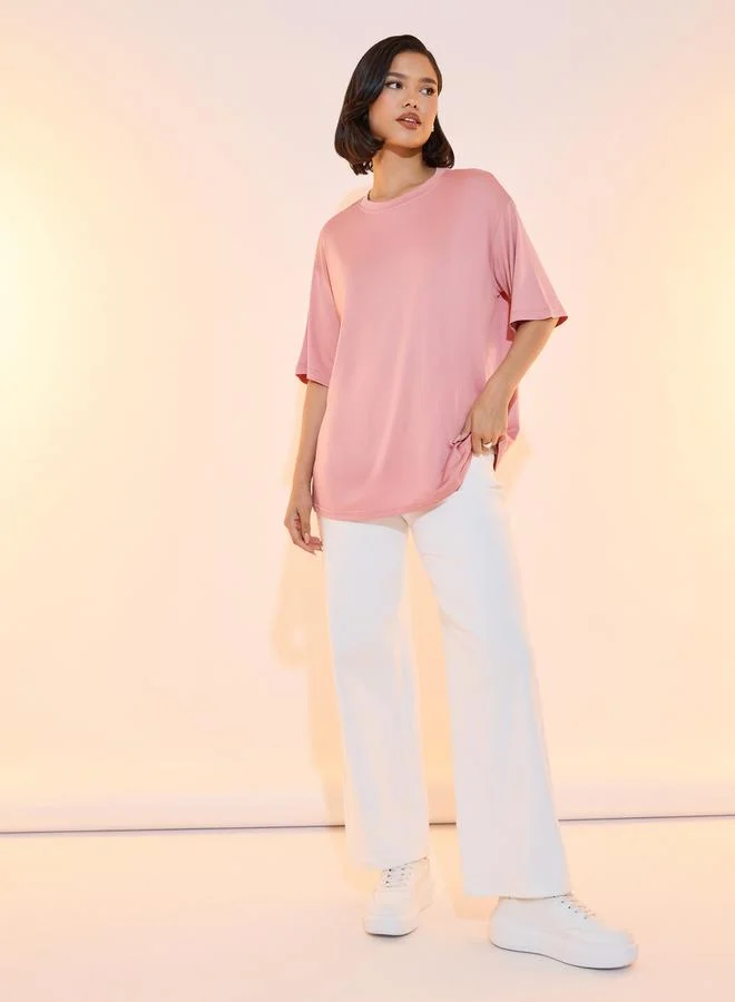 تايك تو Oversized Floral Graphic Print Round Neck T-Shirt