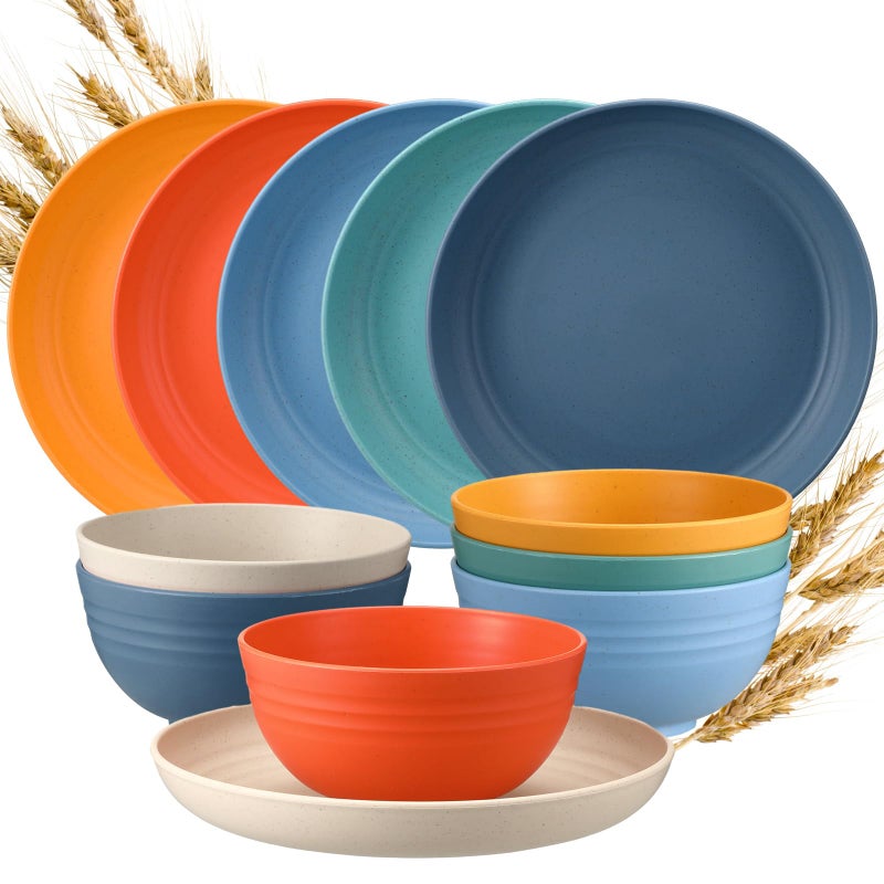 Sliner 12 Pcs Wheat Straw Dinnerware Sets Plates and Bowls, 6 Pcs 9 Inch Dinner Plates 6 Pcs 28 oz Unbreakable Cereal Bowls Lightweight Reusable Plastic Dinnerware Dishwasher Microwave Safe, 6 Color - Image 1