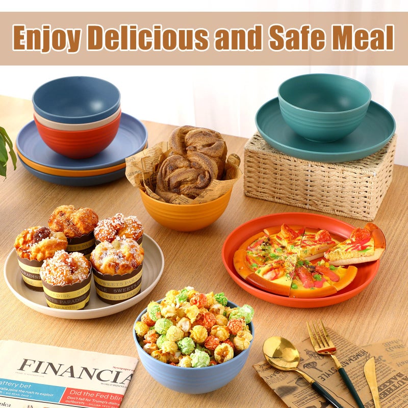 Sliner 12 Pcs Wheat Straw Dinnerware Sets Plates and Bowls, 6 Pcs 9 Inch Dinner Plates 6 Pcs 28 oz Unbreakable Cereal Bowls Lightweight Reusable Plastic Dinnerware Dishwasher Microwave Safe, 6 Color - Image 3