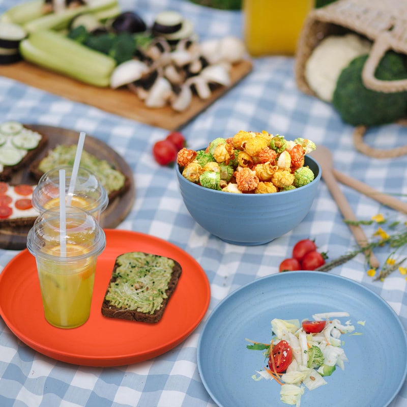 Sliner 12 Pcs Wheat Straw Dinnerware Sets Plates and Bowls, 6 Pcs 9 Inch Dinner Plates 6 Pcs 28 oz Unbreakable Cereal Bowls Lightweight Reusable Plastic Dinnerware Dishwasher Microwave Safe, 6 Color - Image 5