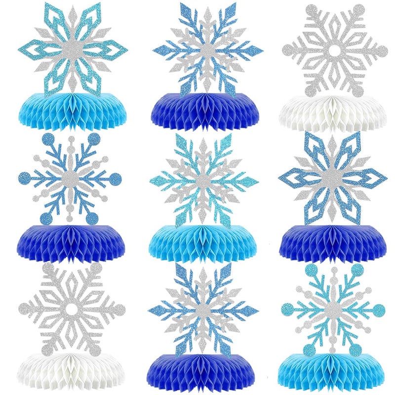 Moitkptt 9Pcs Winter Wonderland Decorations 3D Snowflake Honeycomb Table Centerpieces for Frozen Winter Blue White Theme Christmas Baby Shower Birthday Party Supplies Snowflake - Image 3