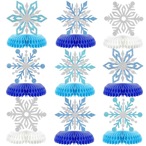 Moitkptt 9Pcs Winter Wonderland Decorations 3D Snowflake Honeycomb Table Centerpieces for Frozen Winter Blue White Theme Christmas Baby Shower Birthday Party Supplies Snowflake - Image 1