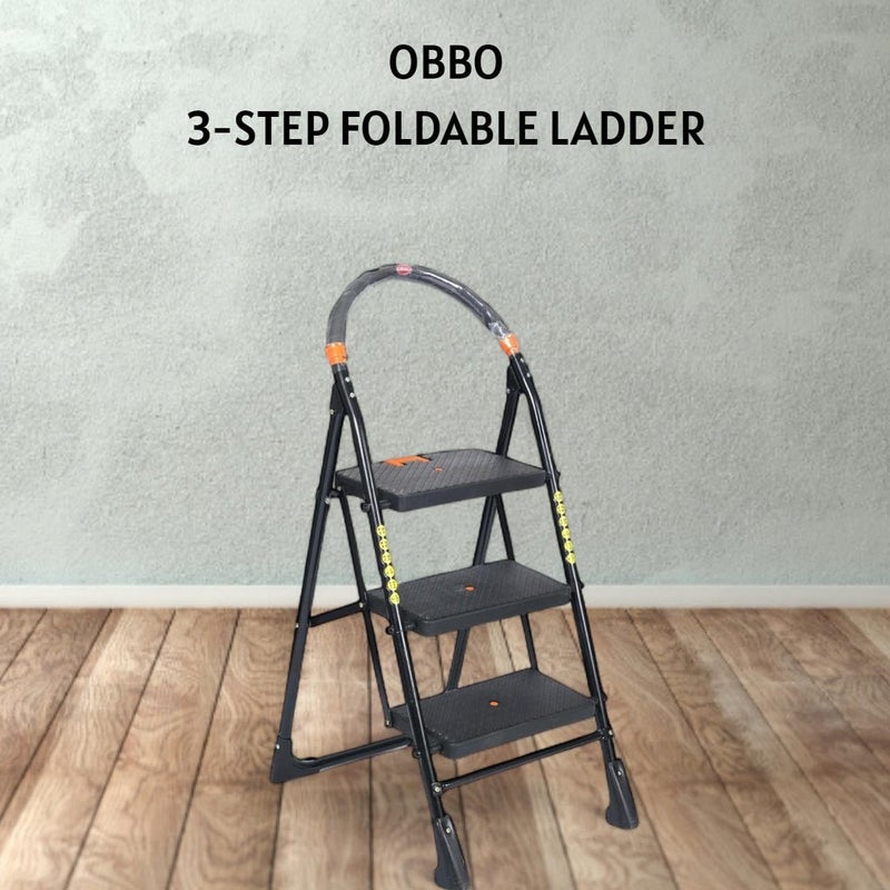 OBBO OBBO Nishika 3Step Heavy Duty Steel Ladder for Home Office Use Wide Steps Top Platform AntiSlip AntiSkid Shoes MultiPurpose Step Stool for Industrial Home Use Black  - Image 3