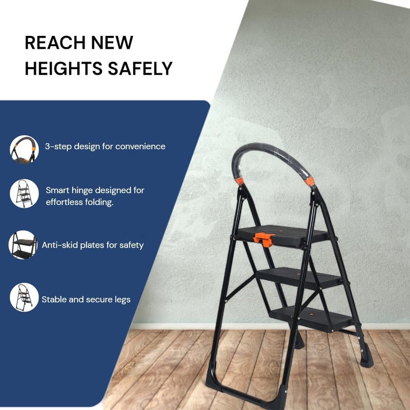 OBBO OBBO Nishika 3Step Heavy Duty Steel Ladder for Home Office Use Wide Steps Top Platform AntiSlip AntiSkid Shoes MultiPurpose Step Stool for Industrial Home Use Black  - Image 5