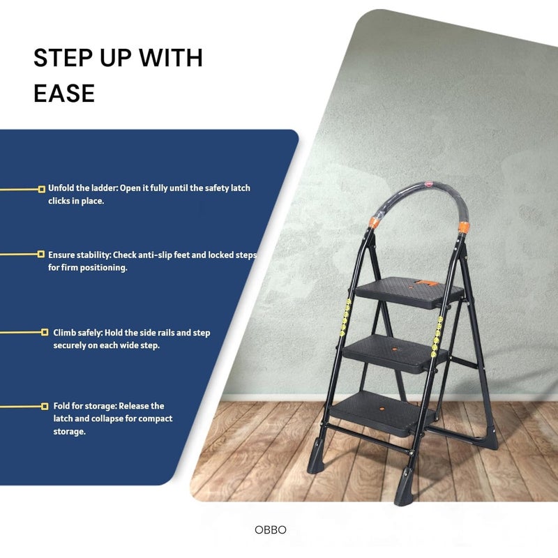 OBBO OBBO Nishika 3Step Heavy Duty Steel Ladder for Home Office Use Wide Steps Top Platform AntiSlip AntiSkid Shoes MultiPurpose Step Stool for Industrial Home Use Black  - Image 4