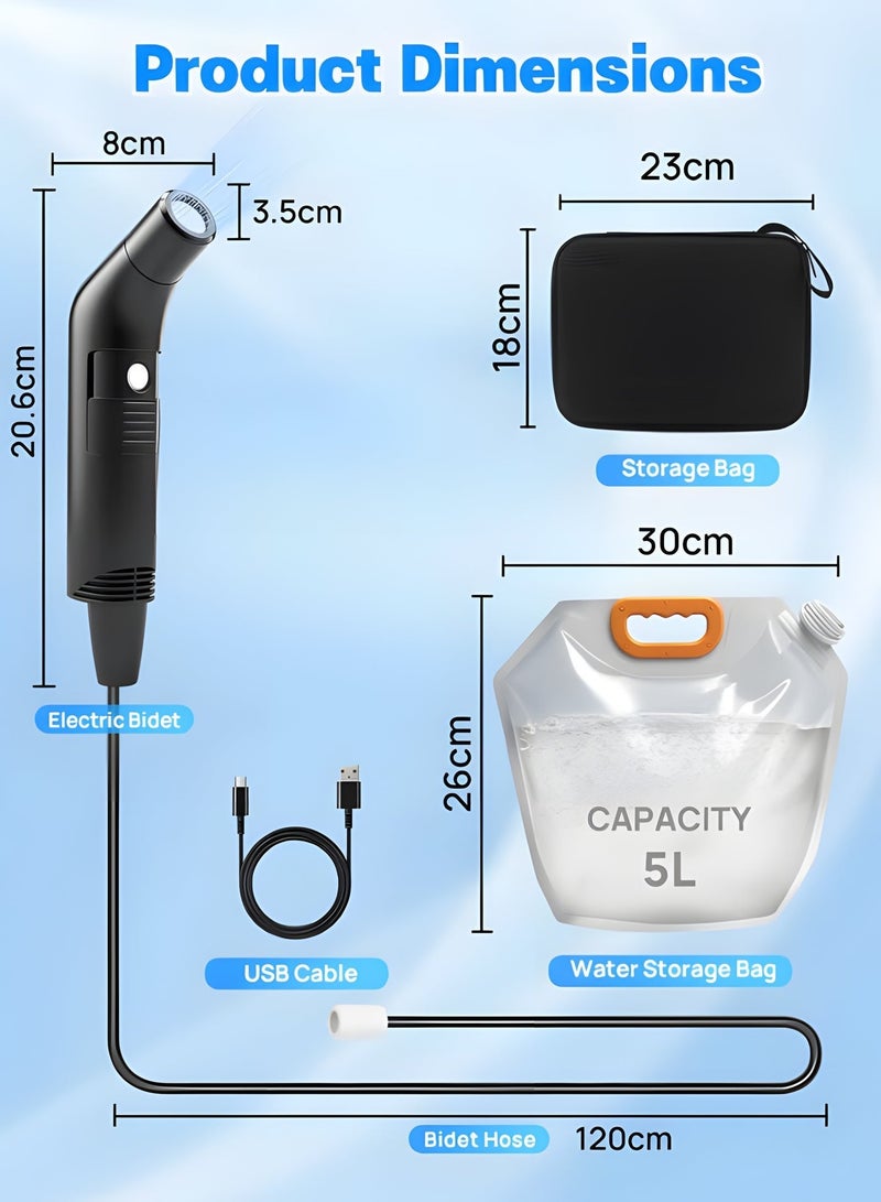 بيج ماكس مجموعة بيديه كهربائية للسفر، مرشاش بيديه محمول للسفر مع حقيبة ماء قابلة للطي بسعة 5 لتر وحقيبة حمل، مرشاش شاتف محمول لاسلكي وقابل لإعادة الشحن مع خرطوم بطول 1.2 متر، نموذجان، ممتاز للصحة والنظافة في المنزل والسفر في الهواء الطلق والتخييم - Image 2