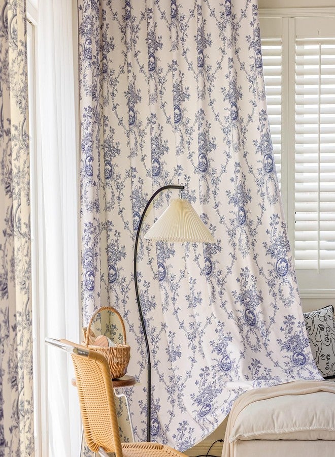 SUOUO Blue and White Floral Chenille Curtains for Living Room Printed Vintage Flower Light Filtering Window Drapes for Bedroom Dining 2 Panels 84 inches Long - Image 3
