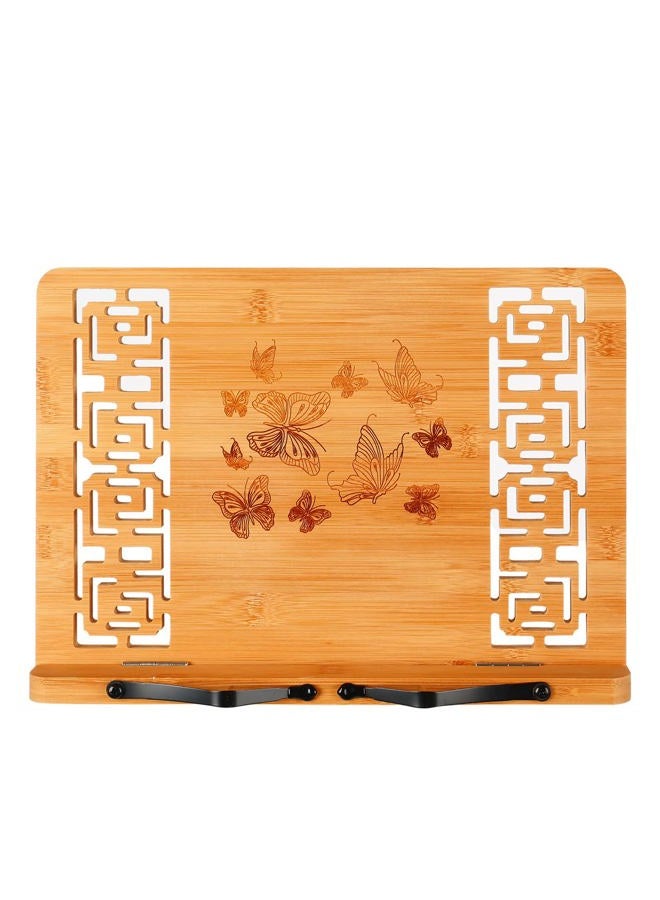 Megrez Book Stand for Reading (13.2 x 9.4 inch) Bamboo Cookbook Stand Holder for Kitchen, Adjustable Book Holder Stand for Tablet/Textbook Holder/Hollow Bookrest Stand, Butterflies - Image 1